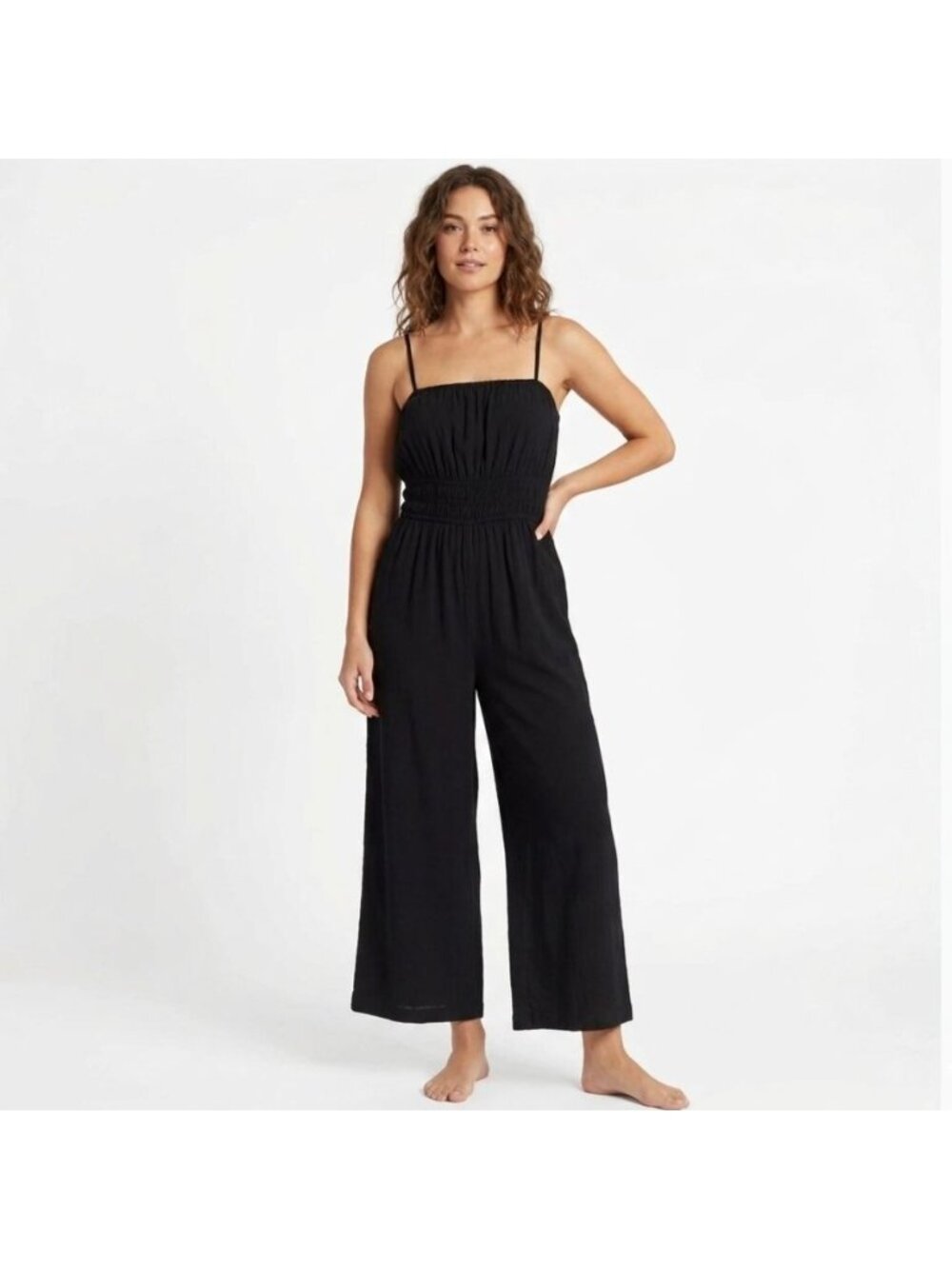 Old Navy Sleeveless Cropped Jumpsuit Empire Waist Size M Black Linen Wide Leg